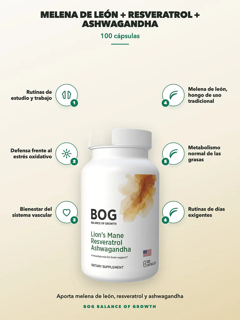 Melena de León + Resveratrol + Ashwagandha BOG — 100 cápsulas 2