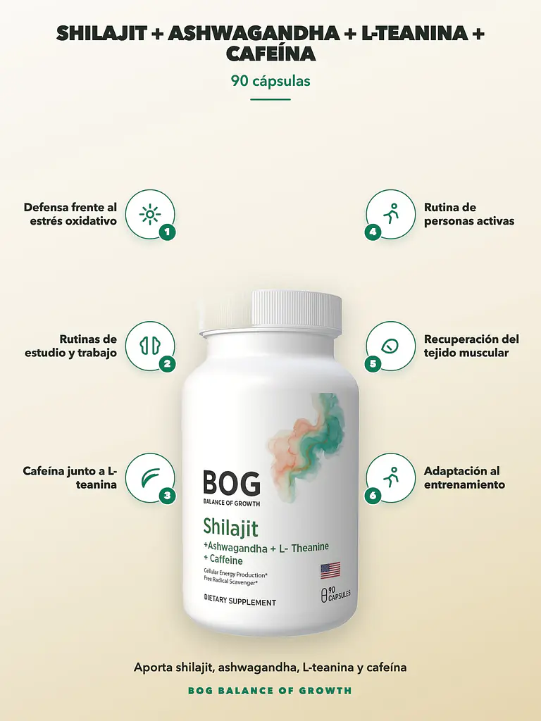 Shilajit + Ashwagandha + L-Teanina + Cafeína BOG — 90 cápsulas 2