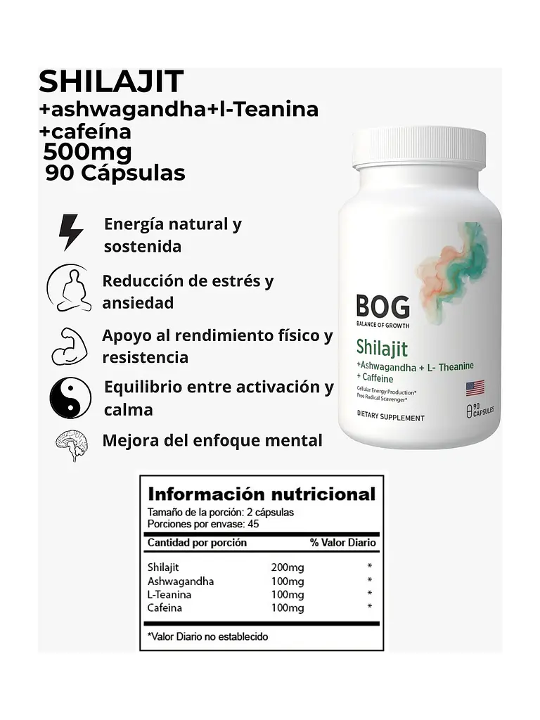 Shilajit + Ashwagandha + L-Teanina + Cafeína BOG — 90 cápsulas 3