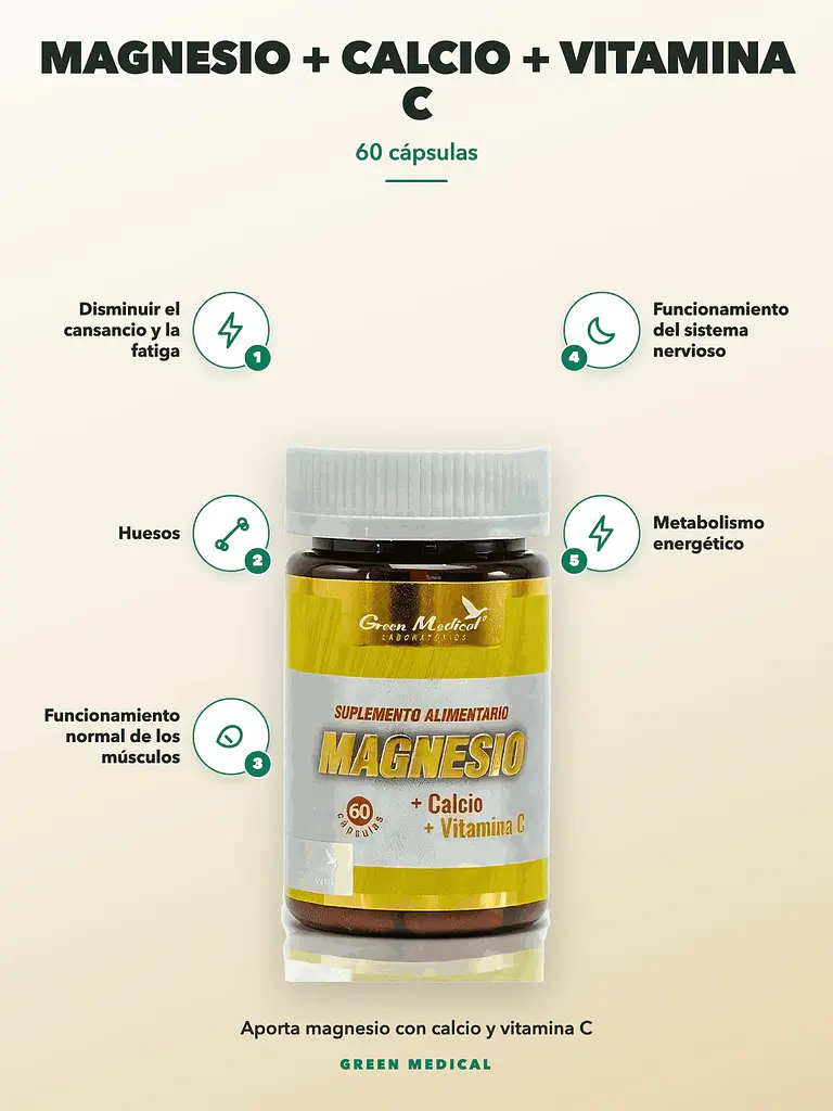 Magnesio + Calcio + Vitamina C Green Medical — 60 cápsulas 2