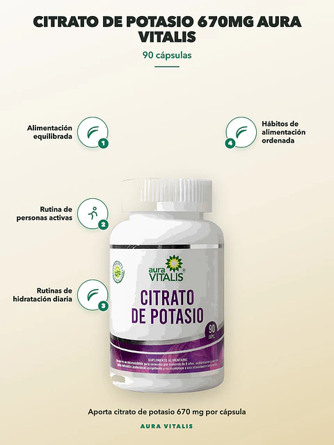 Citrato de Potasio 670mg Aura Vitalis — 90 cápsulas