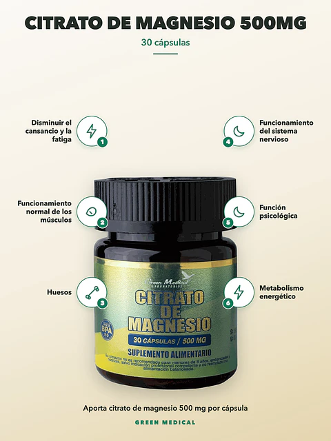 Citrato de Magnesio 500mg Green Medical — 30 cápsulas