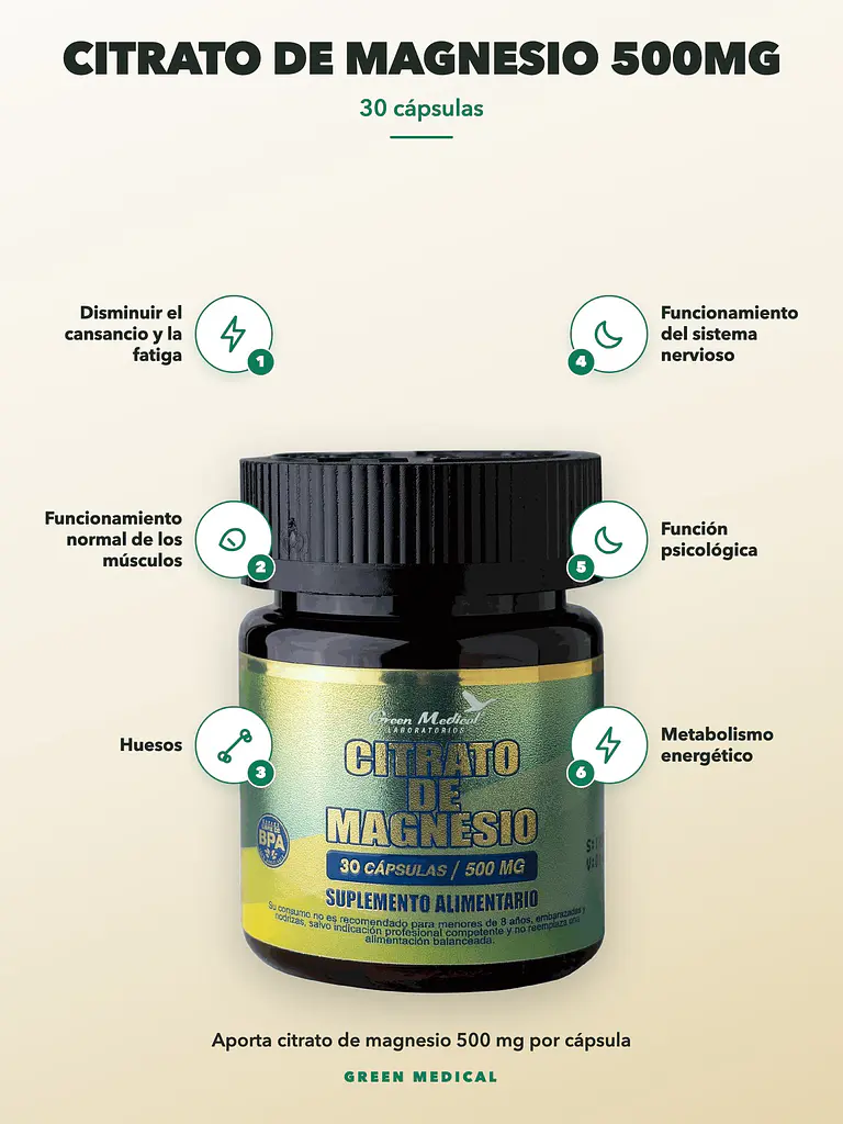 Citrato de Magnesio 500mg Green Medical — 30 cápsulas 2