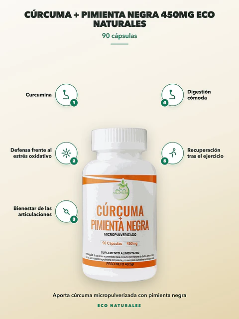 Cúrcuma + Pimienta Negra 450mg Eco Naturales — 90 cápsulas