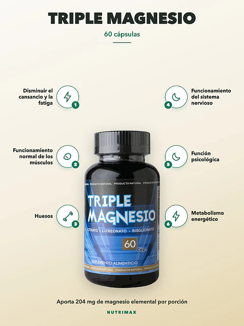 Triple Magnesio — citrato, treonato y bisglicinato — 60 cápsulas