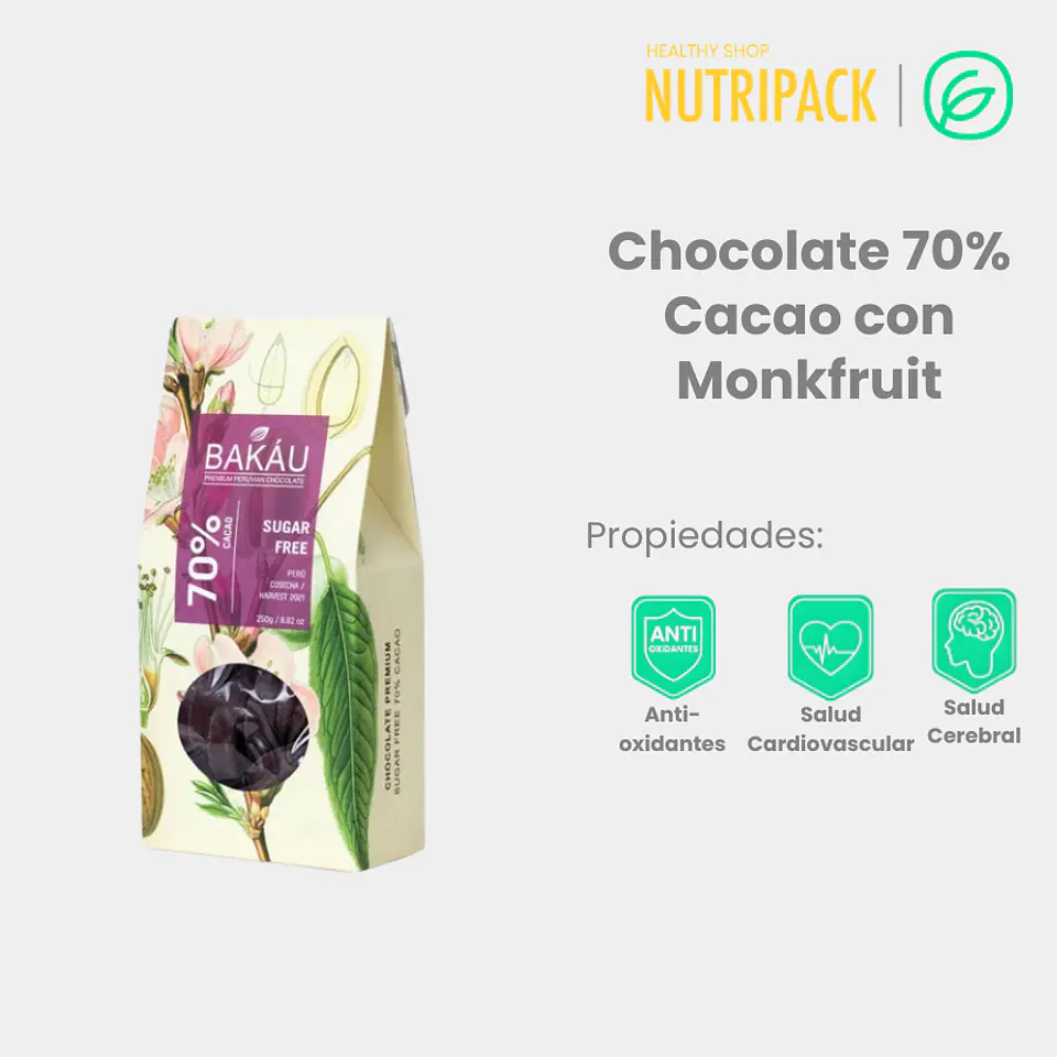 Chocolate 70% Cacao Con Monk Fruit En Obleas, 250 g / 100 g 1