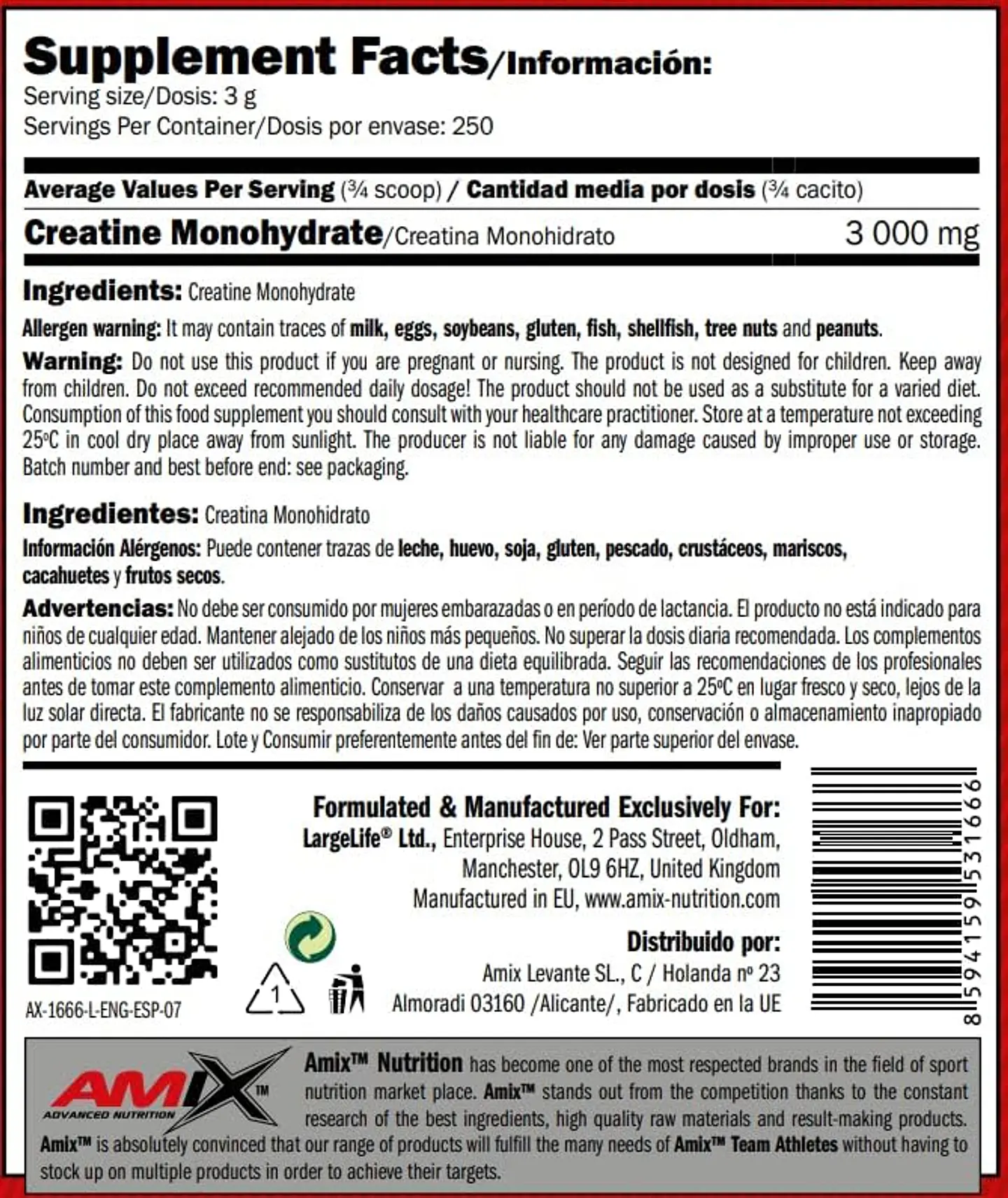 Creatina Monohidrato Micronizada 750 Gr Amix 2