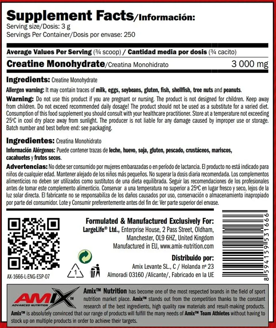 Creatina Monohidrato Micronizada 750 Gr Amix 2