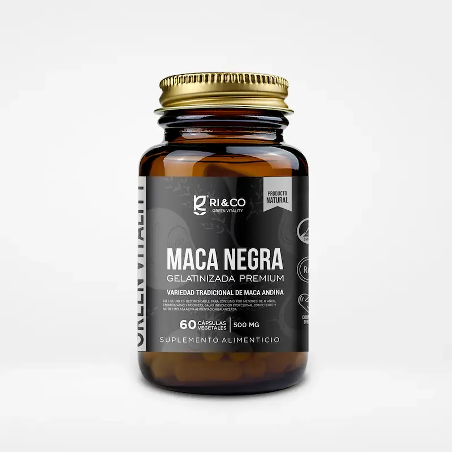 Maca Negra Gelatinizada Premium 500mg 60 Cápsulas Vegetales Ri&Co 1