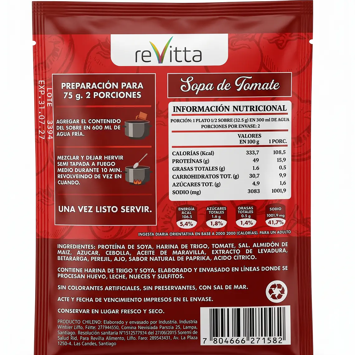Sopa Proteica Tomate Vegana Revitta Wellness con Proteína 75 grs 2