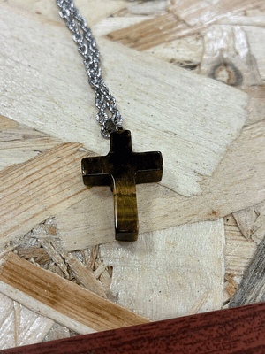 Fio de Aço com Pendente Cruz Olho de Tigre