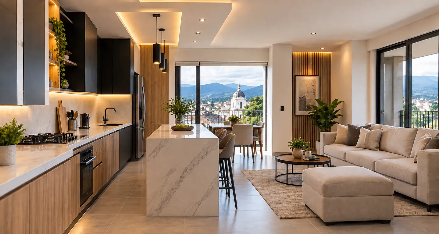 Remodelación de apartamento terminada en Popayán con cocina y sala modernas
