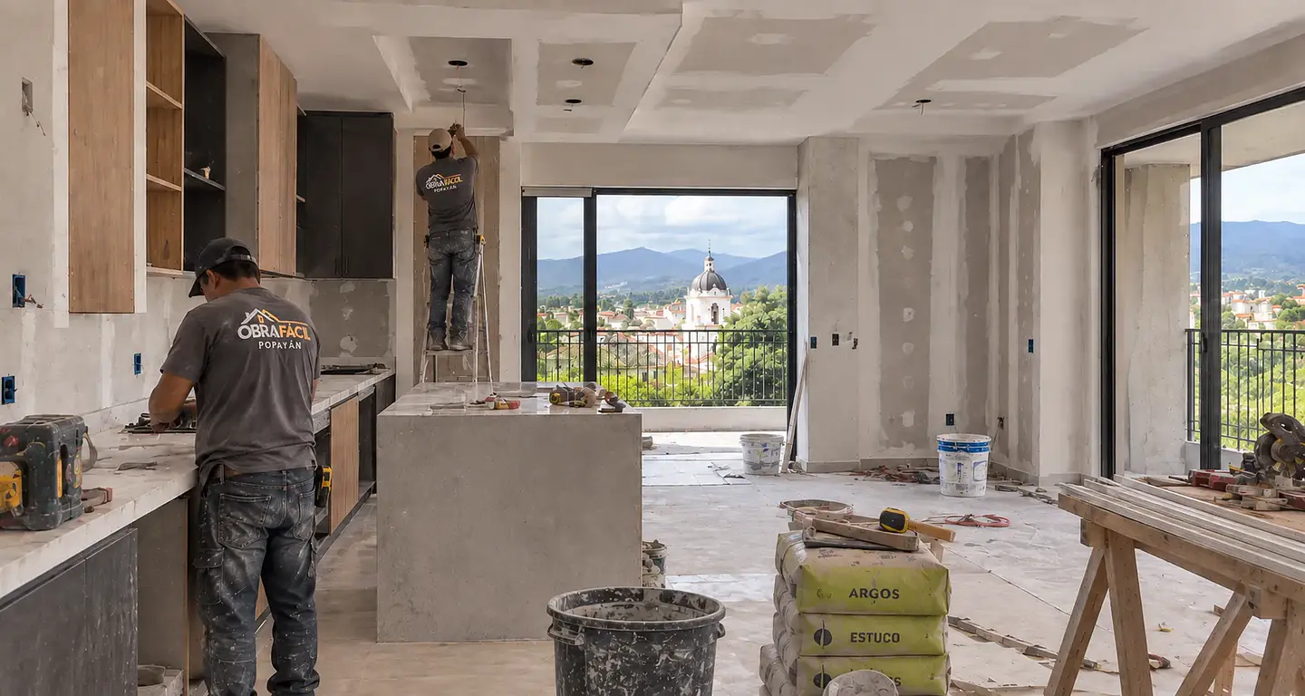 Maestros de obra trabajando en remodelación de apartamento en Popayán