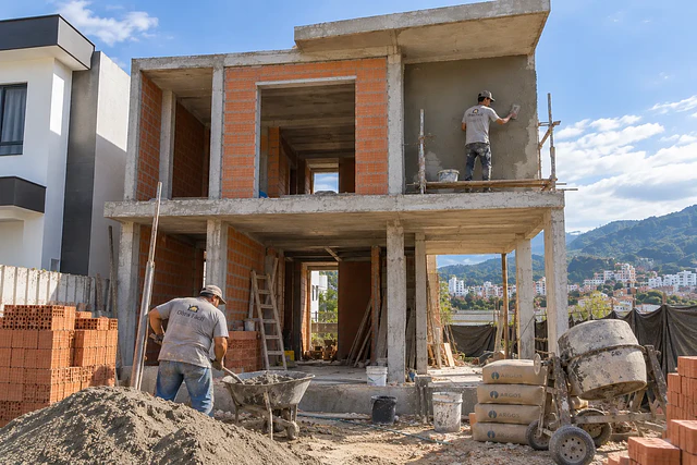 Construcción de casa en Popayán con maestros de obra trabajando