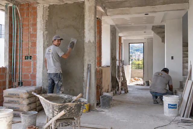 Obra negra, gris y blanca en Popayán con maestros de construcción trabajando