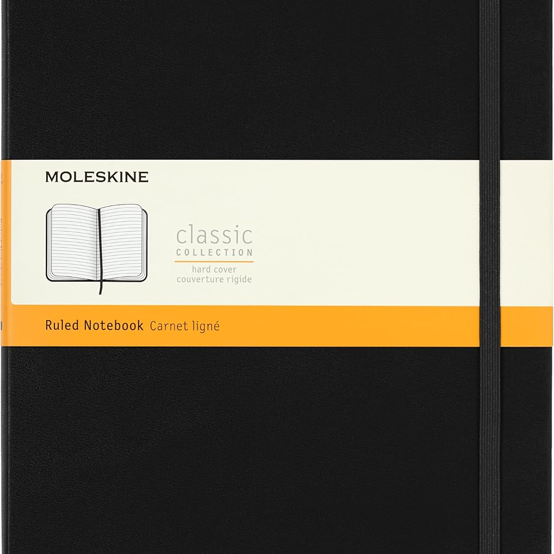 Moleskine Caderno clássico pautado, capa dura e fecho elástico, cor preta, tamanho extra grande 19 x 25 cm, 192 folhas 1