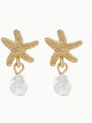 HERMOSOS PENDIENTE DE ESTRELLA DE MAR Y PERLAS 18K✨🌊