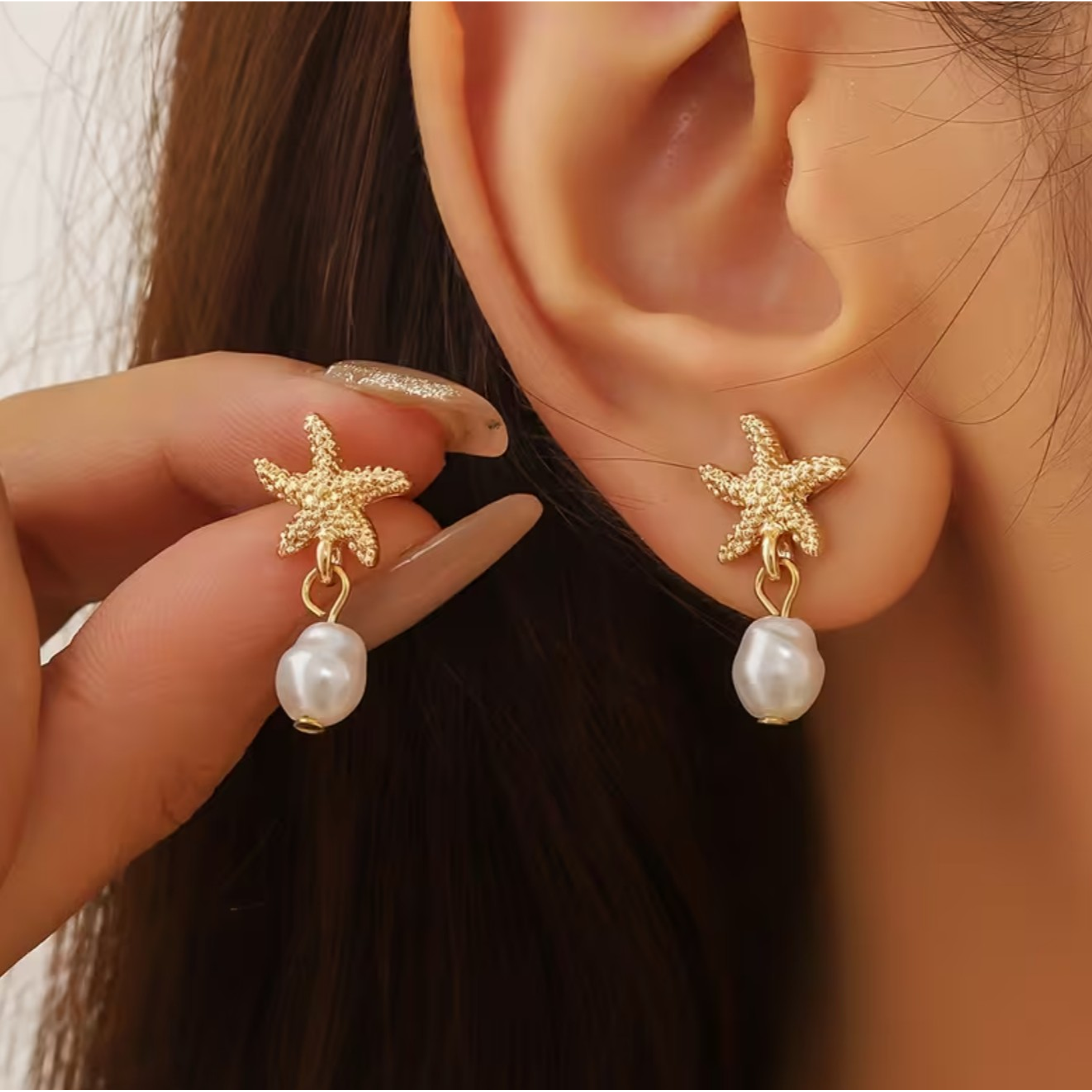 HERMOSOS PENDIENTE DE ESTRELLA DE MAR Y PERLAS 18K✨🌊 1