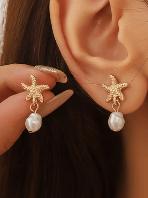 HERMOSOS PENDIENTE DE ESTRELLA DE MAR Y PERLAS 18K✨🌊