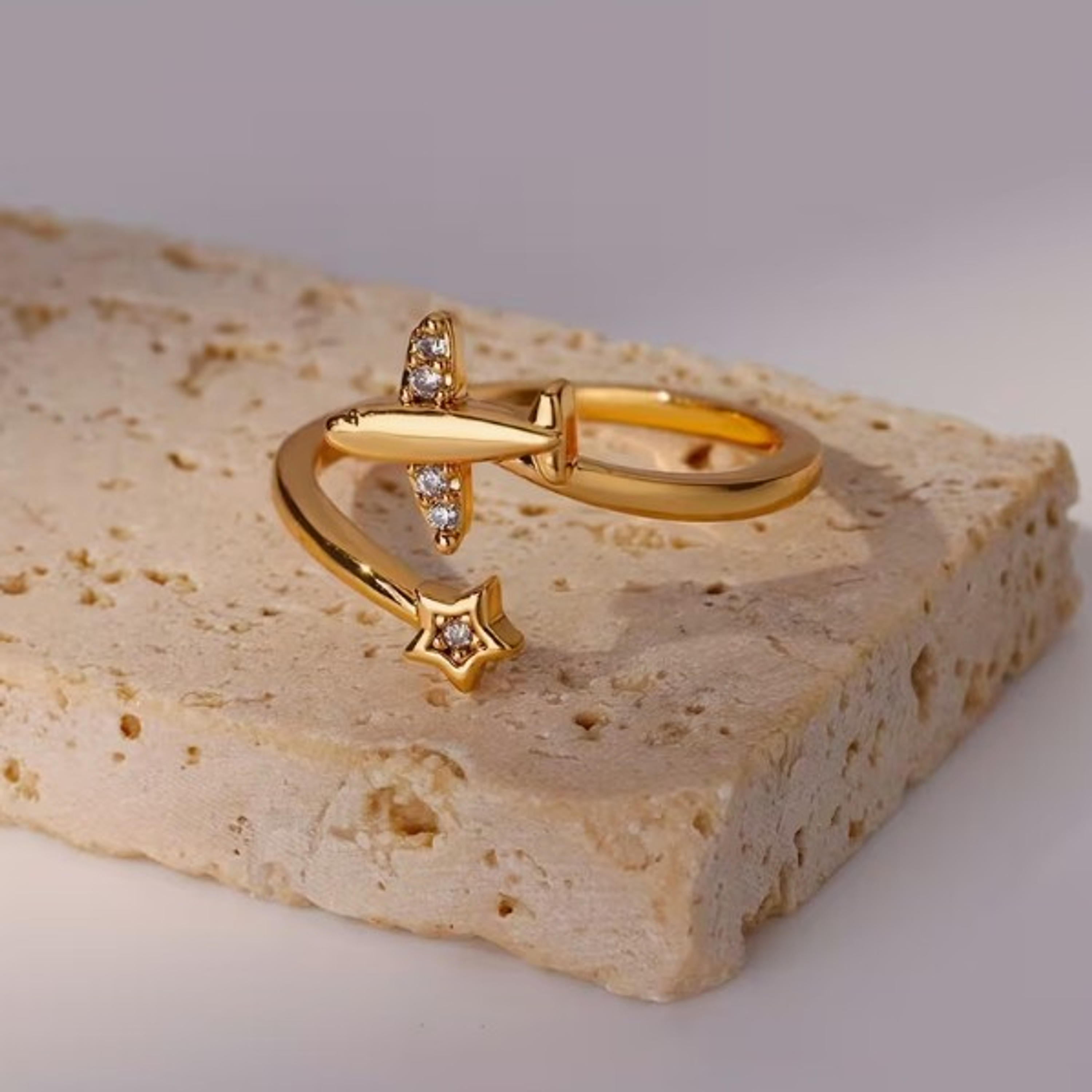 ANILLO ESTRELLA & AVIÓN 💛CIRCONITA  ELEGANTE 18k 1