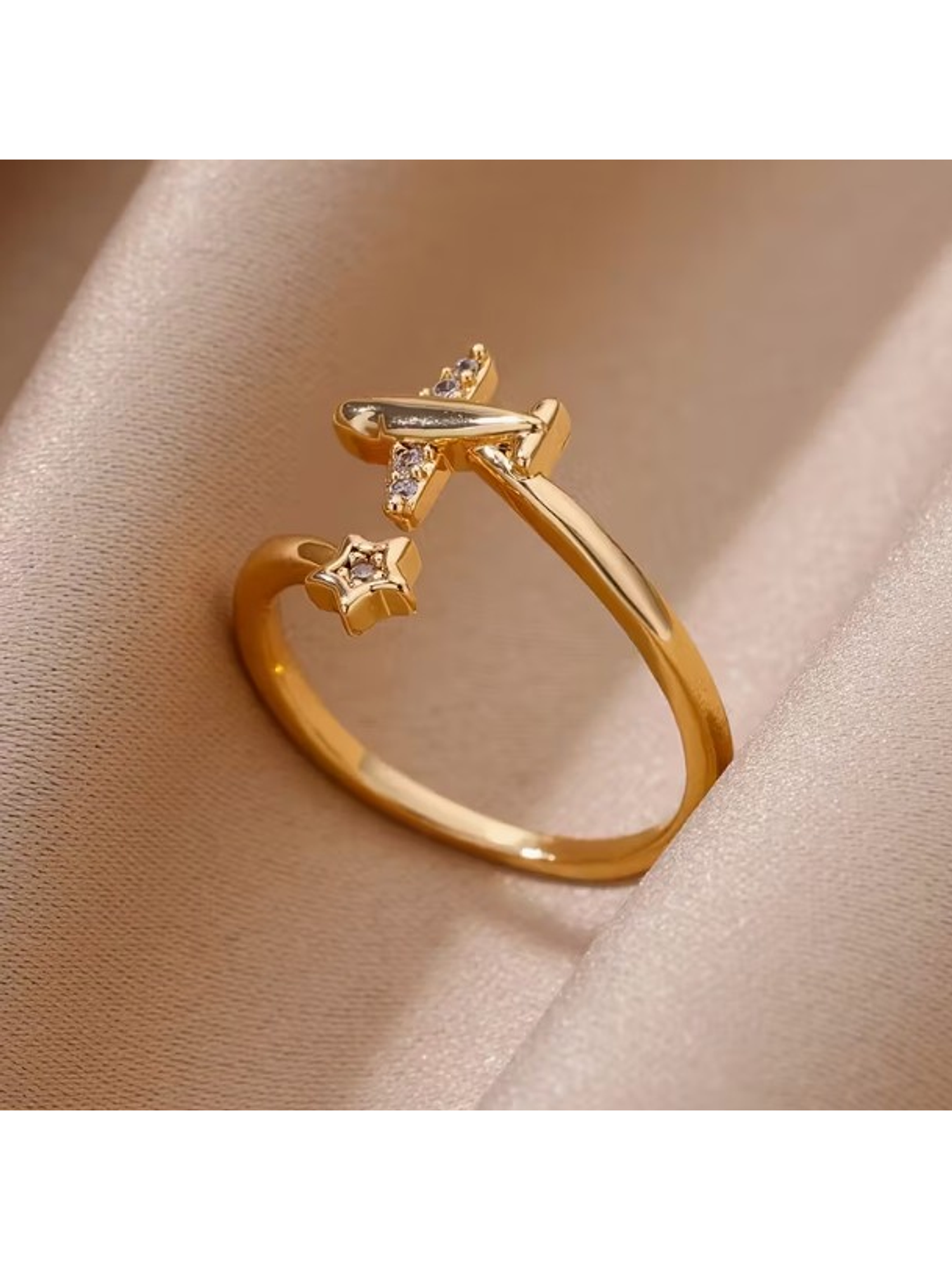 ANILLO ESTRELLA & AVIÓN 💛CIRCONITA  ELEGANTE 18k 4