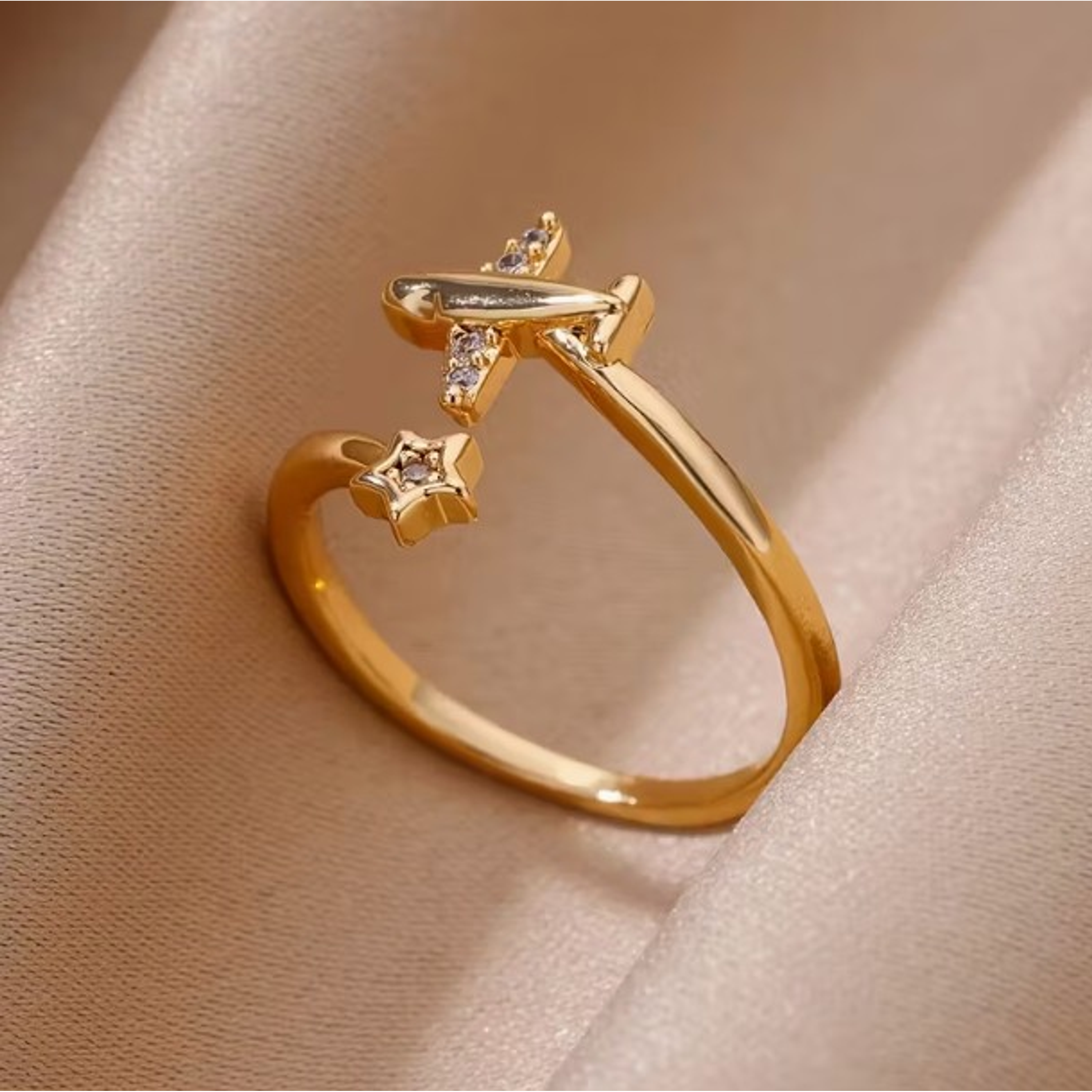 ANILLO ESTRELLA & AVIÓN 💛CIRCONITA  ELEGANTE 18k 4