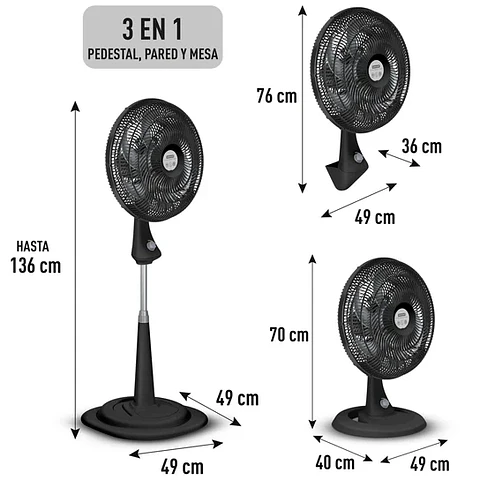 Ventilador Samurai Turbo Silence Maxx 3 en 1, 3 Velocidades, Negro