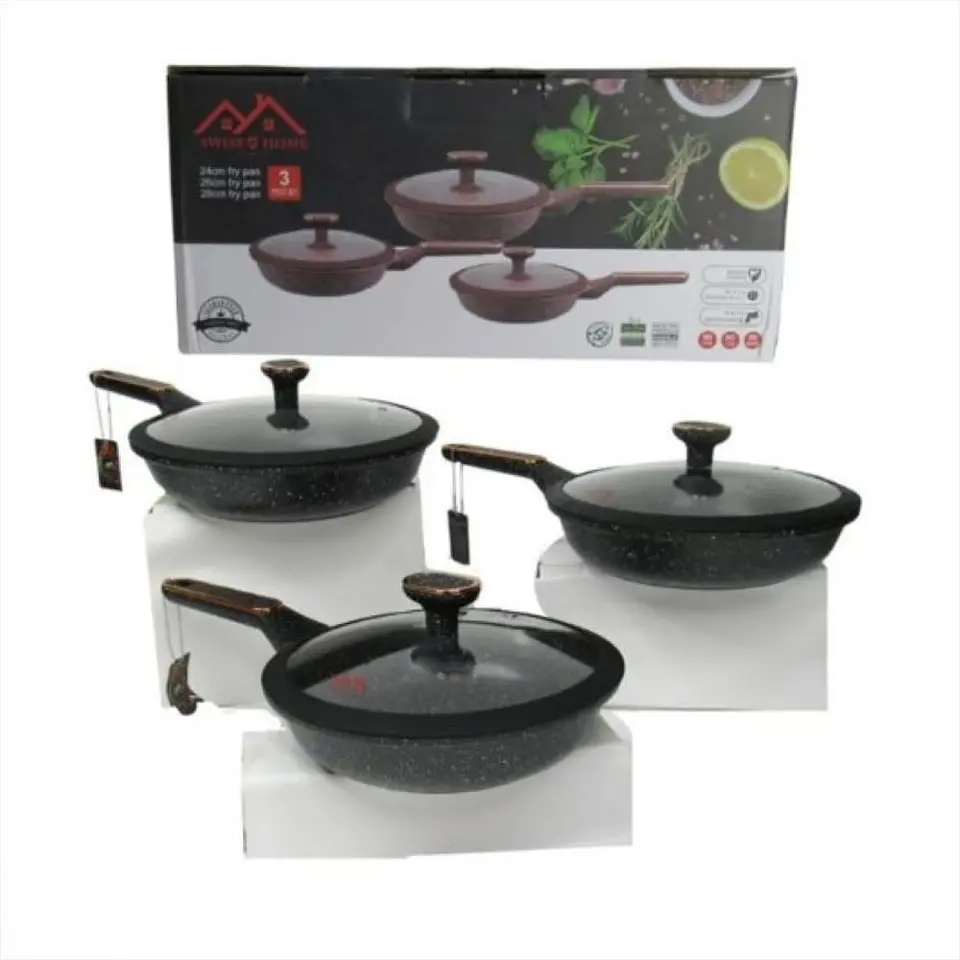 Sartenes En Marmol Swiss Home X3 Con Tapa De Vidrio 3