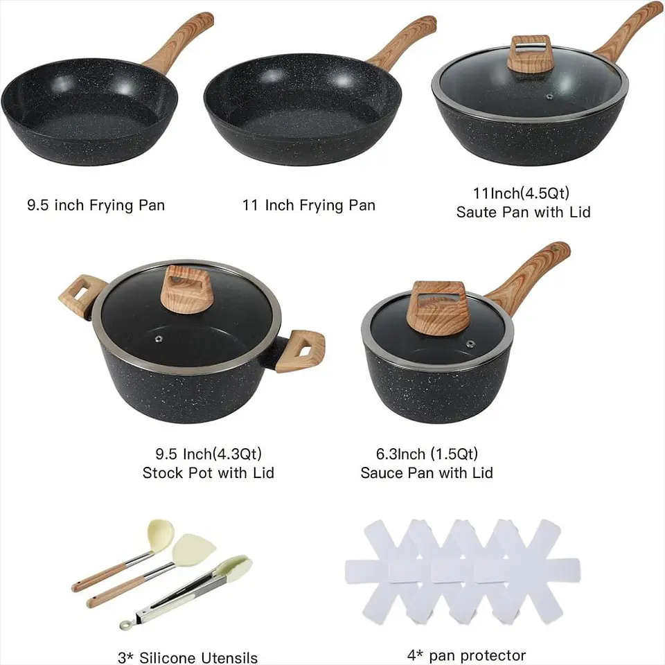 Juego De Utensilios De Cocina De Cerámica 15Pcs Ollas Y Sartenes Antiadherentes (Negro15) 3
