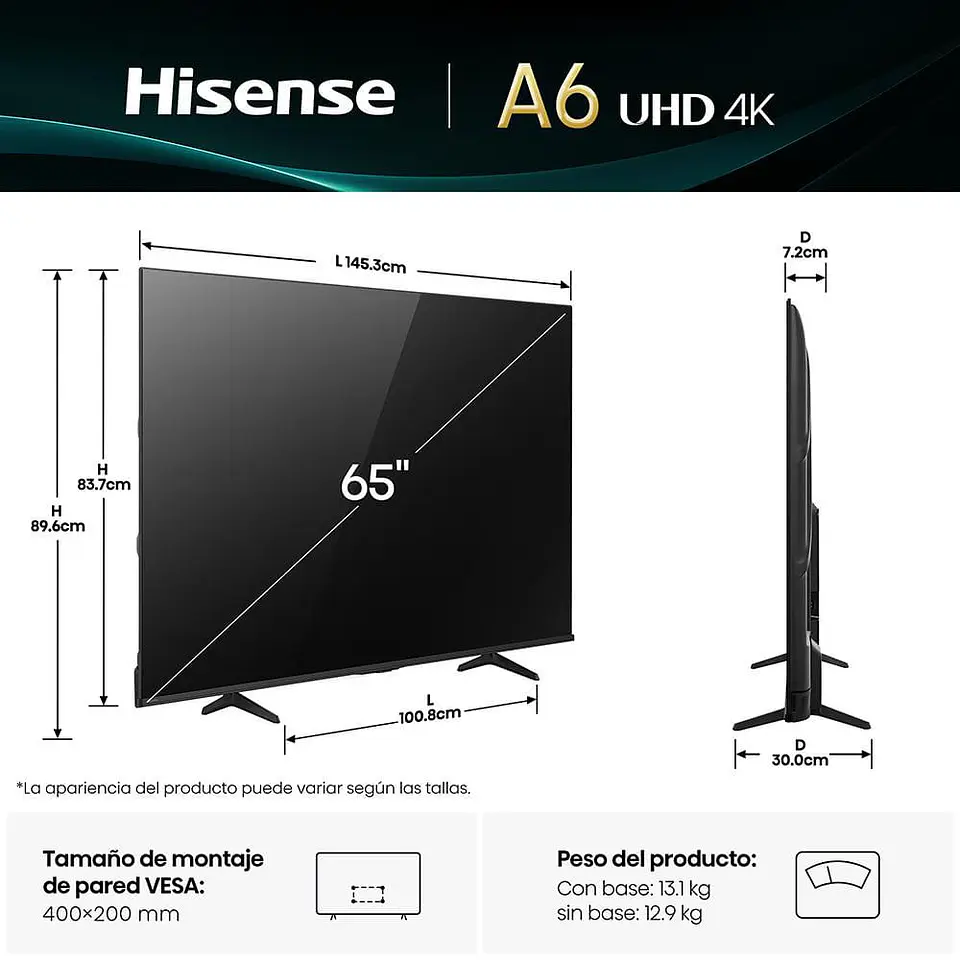 Televisor HISENSE 65 pulgadas LED Uhd4K Smart TV 65A6NV 2