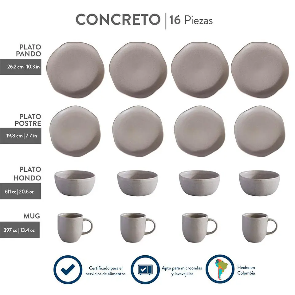 Vajilla Concreto 4 puestos 16 piezas CORONA VL1810040116 3