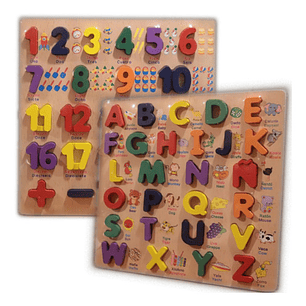 Set Abecedario Y Números.  Didácticos 30x30 Madera Encaje Niño 