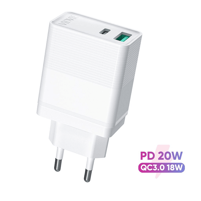 Adaptador Carga Rápida Doble Entrada USB Tipo C Y USB 20w 3