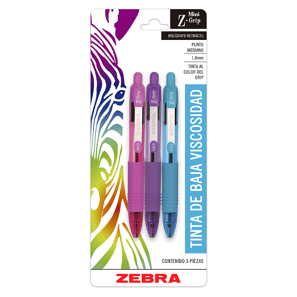 Bolígrafo plástico Mini Z-Grip Surtido Fashion Blister 3 Piezas -Zebra 1