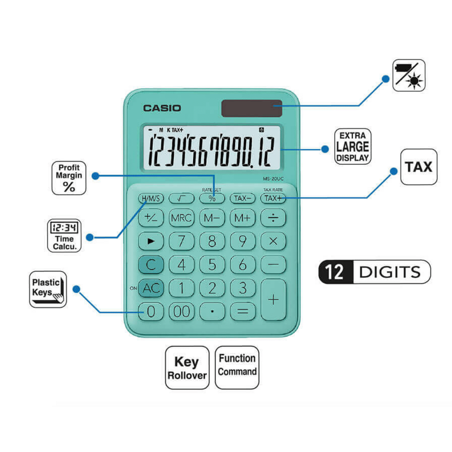 Casio Calculadora Verde Agua Grande MS-20UC-GN  3