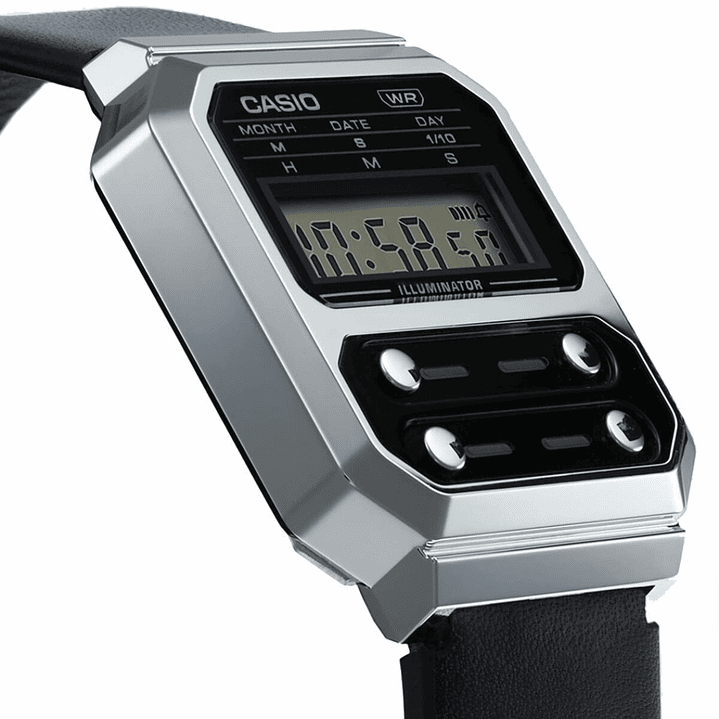 Casio Vintage Unisex Correa Cuero Negro A100WEL-1A 3