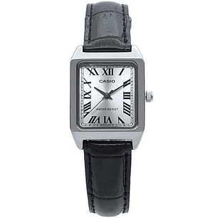 Casio Mini Análogo Plateado Correa Cuero Negro LTP-V007L-7B1