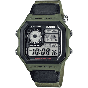 Reloj Casio Royale World Time Correa Cuero Textil AE-1200WHB-3B