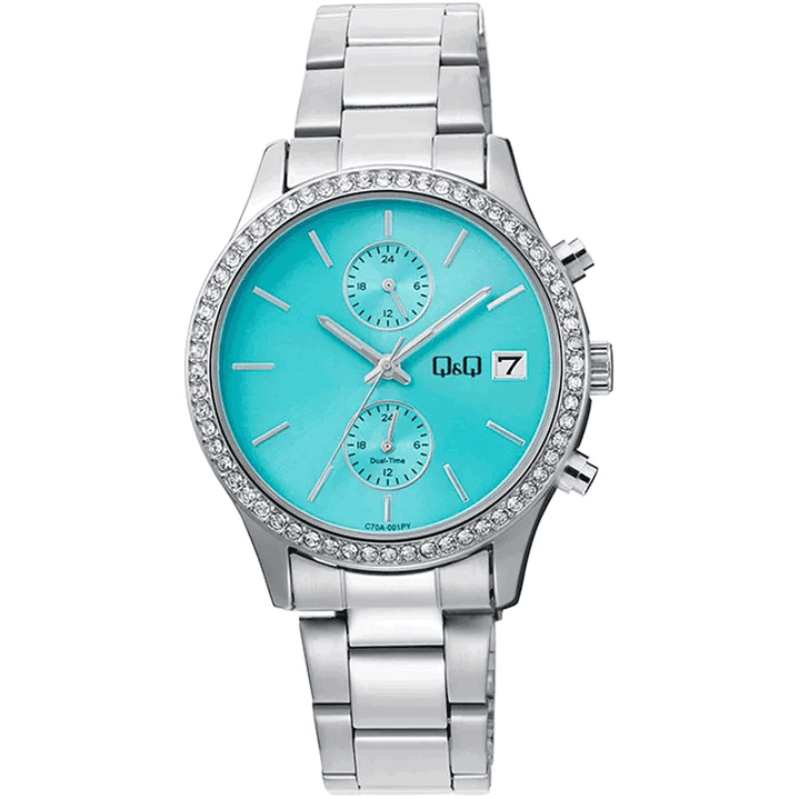 Reloj Q&Q Mujer Plateado Azul Tiffany con brillos C70A-001PY 1