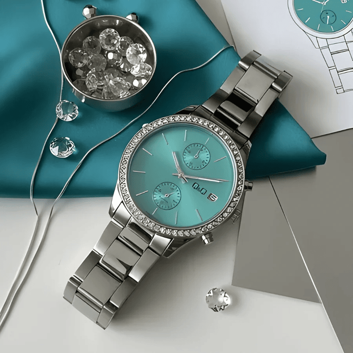 Reloj Q&Q Mujer Plateado Azul Tiffany con brillos C70A-001PY 3