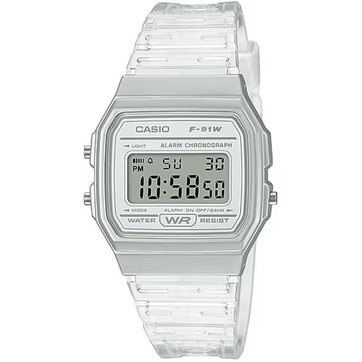 Reloj Casio Vintage Blanco Correa Traslúcida F-91WS-7 1