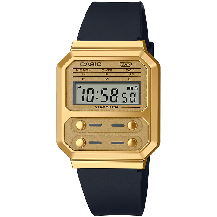 Casio Vintage Unisex Dorado Correa Cuero Negro A100WEFG-9A 1