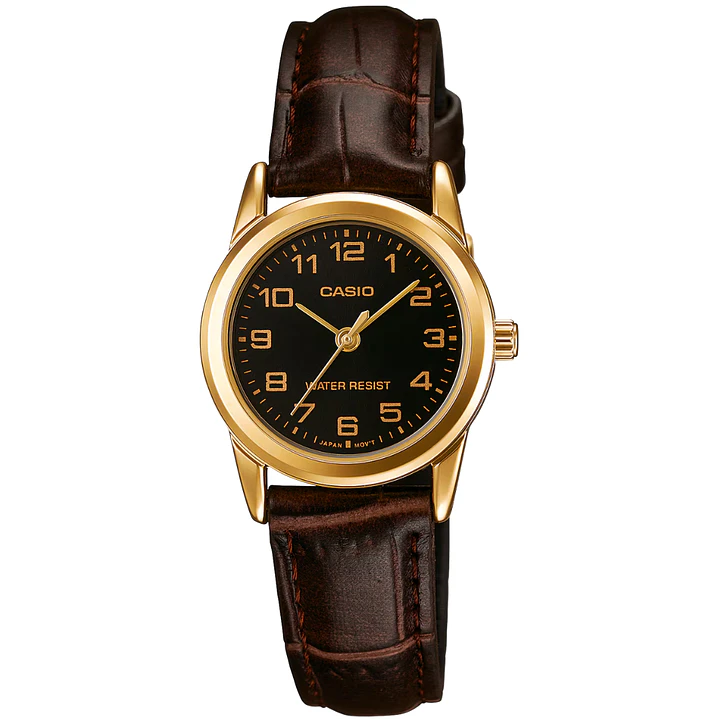 Reloj Casio Mini Dorado Cuero Café LTP-V001GL-1B 1