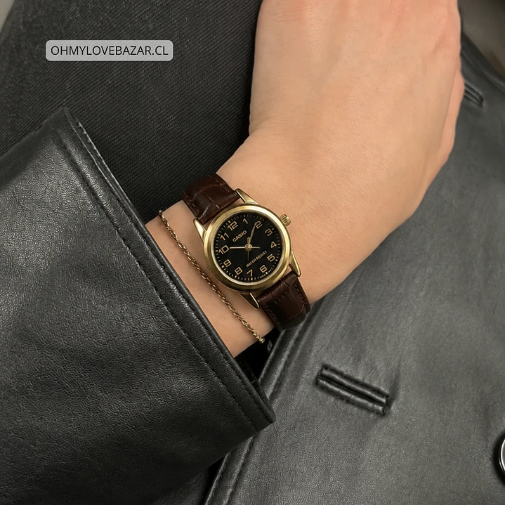 Reloj Casio Mini Dorado Cuero Café LTP-V001GL-1B 2