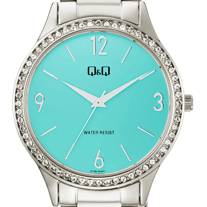 Reloj Q&Q Análogo Plateado Brillos Turquesa Q75B-002PY 2
