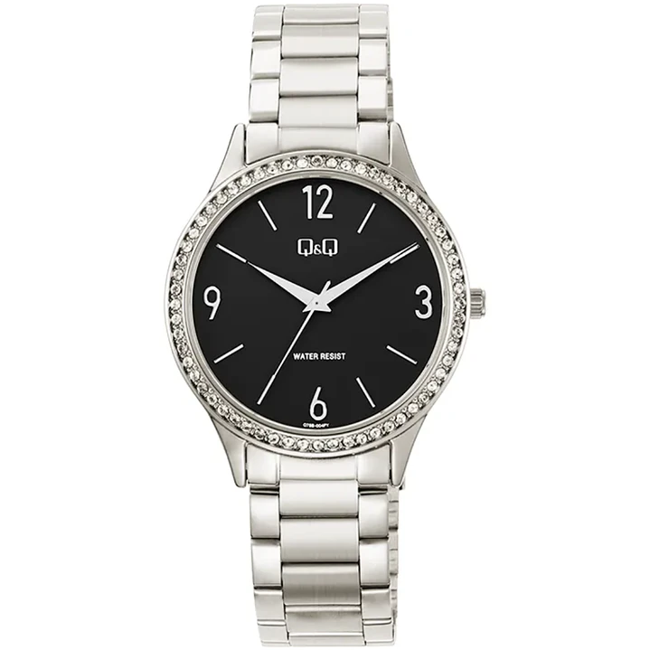 Reloj Q&Q Análogo Plateado Brillos Negro Q75B-004PY 1