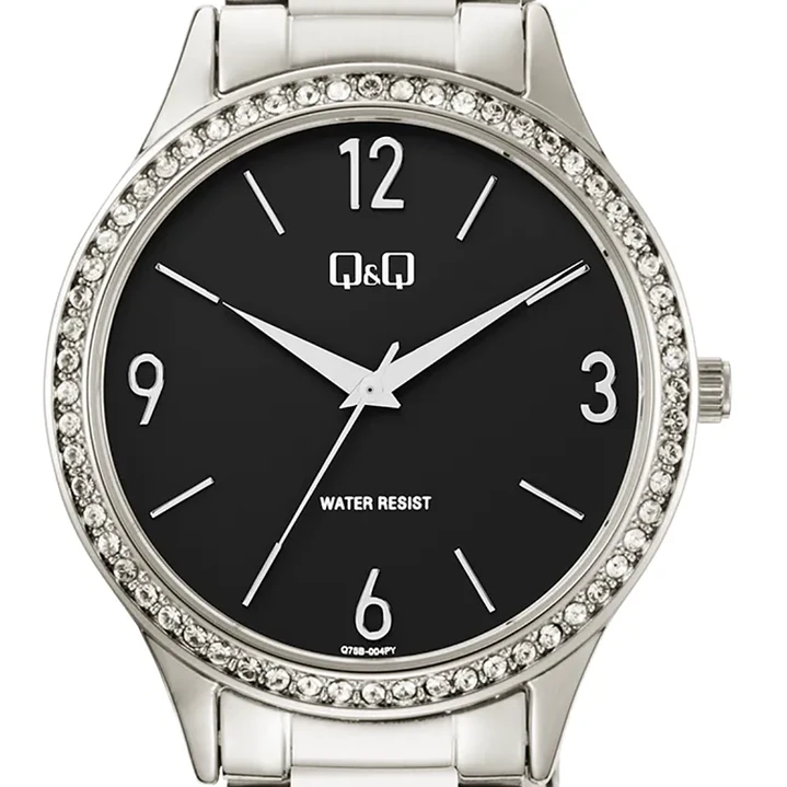 Reloj Q&Q Análogo Plateado Brillos Negro Q75B-004PY 2
