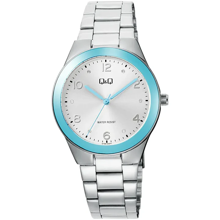 Reloj Q&Q Análogo Plateado Celeste Brillos Q78B-005PY 1