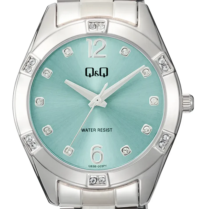 Reloj Q&Q Análogo Plateado Brillos Turquesa Q83B-003PY 2