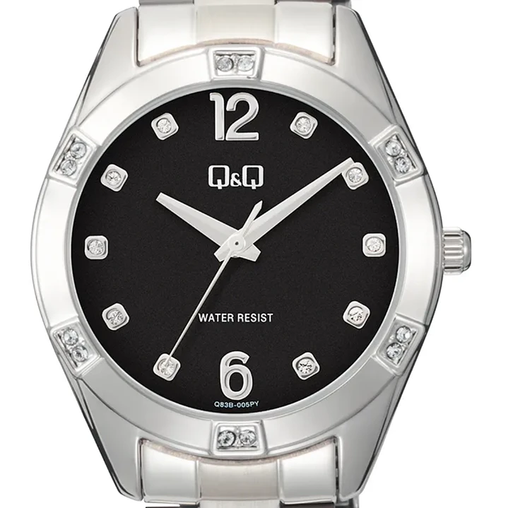 Reloj Q&Q Análogo Plateado Brillos Negro Q83B-006PY 2